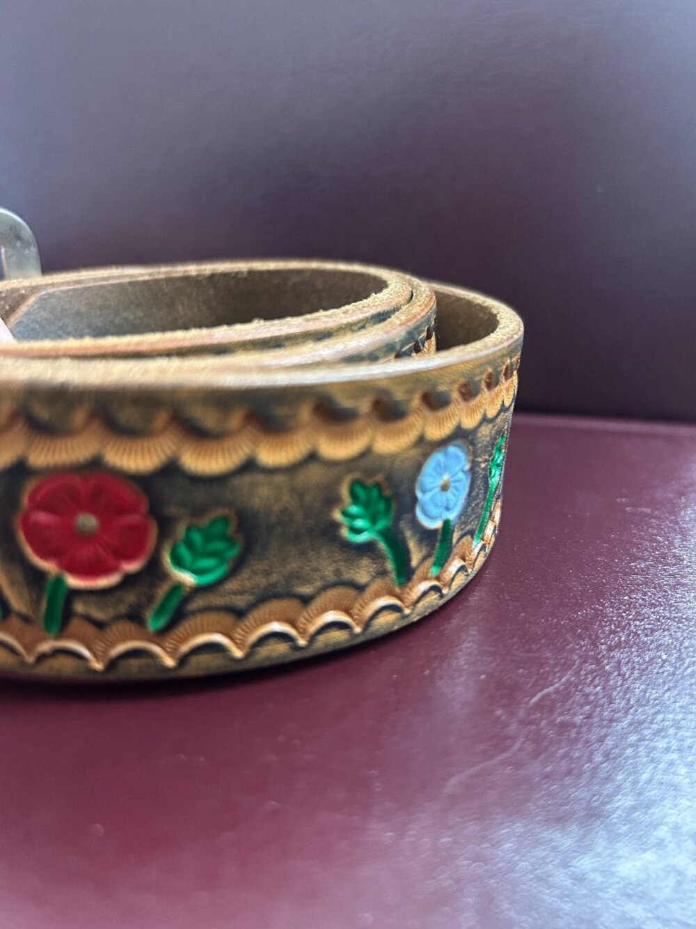 Vintage Hand-Tooled Leather Floral Belt – Brown Western Boho Style 36 Inches